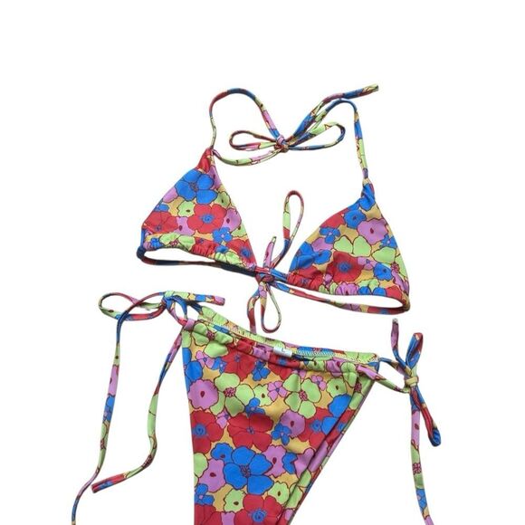 Triangle Cheeky Bright Floral Print Bikini Large Multicolor - Picture 4 of 6